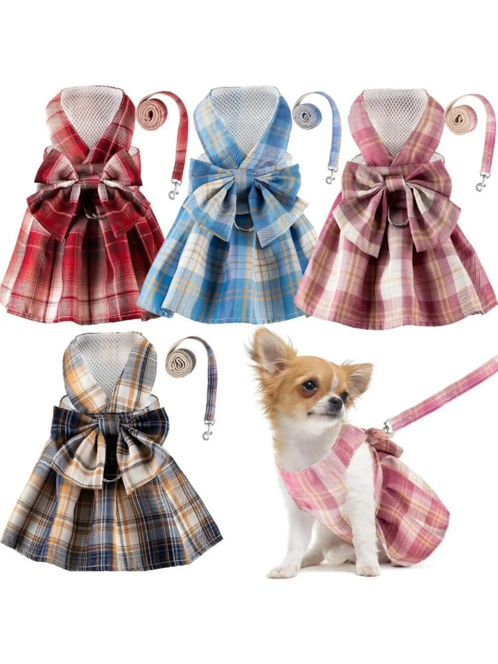 Stylish Plaid Dog Dresses with Bow, 4-Piece Set, Harness & Leashes, Large, Dark